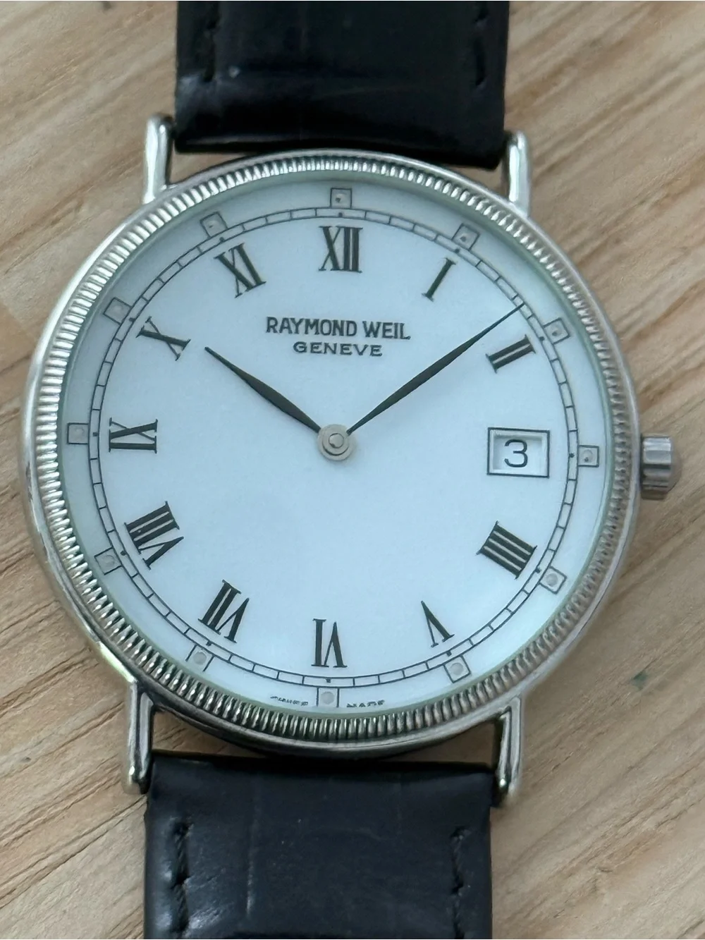 Raymond Weil Geneve Rare Stainless Case Vintage Watch White Dial Leather Strap